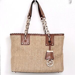 MICHAEL Michael Kors Rosalie East West Straw Tote w/Leather Trim GUC